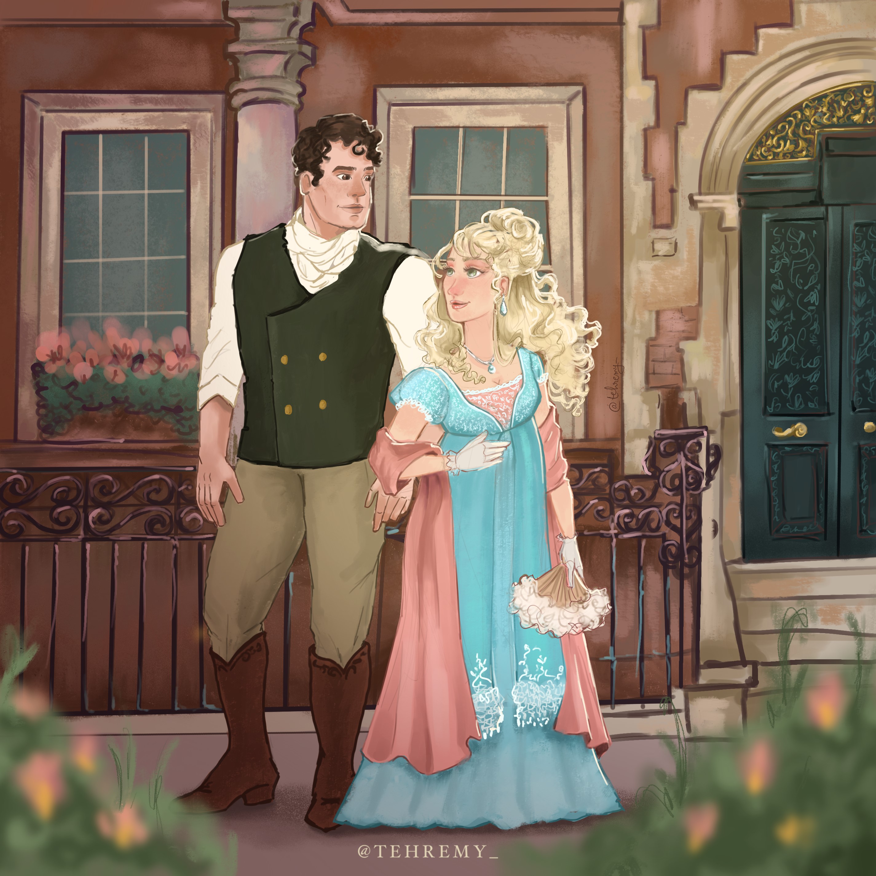 Art depicts a tall, broadly-built white man with dark hair and a shorter white woman with pale blonde hair and blue green eyes. The couple wear Regency-era clothing and stand in front of a red brick townhouse. 