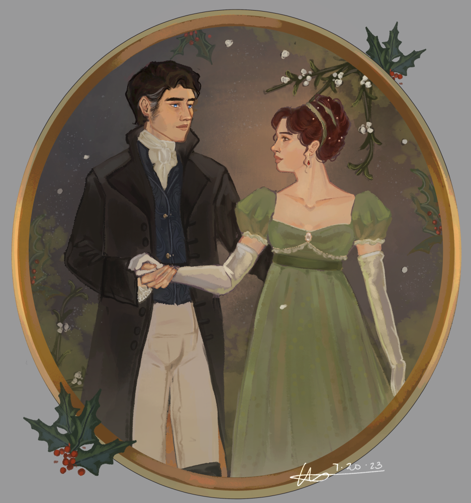 In the middle is an oval shaped gold frame with mistletoe on the top right and bottom left. In the frame on the left stands a white man with silver-touched black hair and blue eyes. He wears Regency clothing, including a black topcoat, a blue waistcoat, and buff pants. The man holds the hand of a white woman with auburn hair and brown eyes. She wears a sage-green empire waist dress and her hair is in an updo confined with a green ribbon.