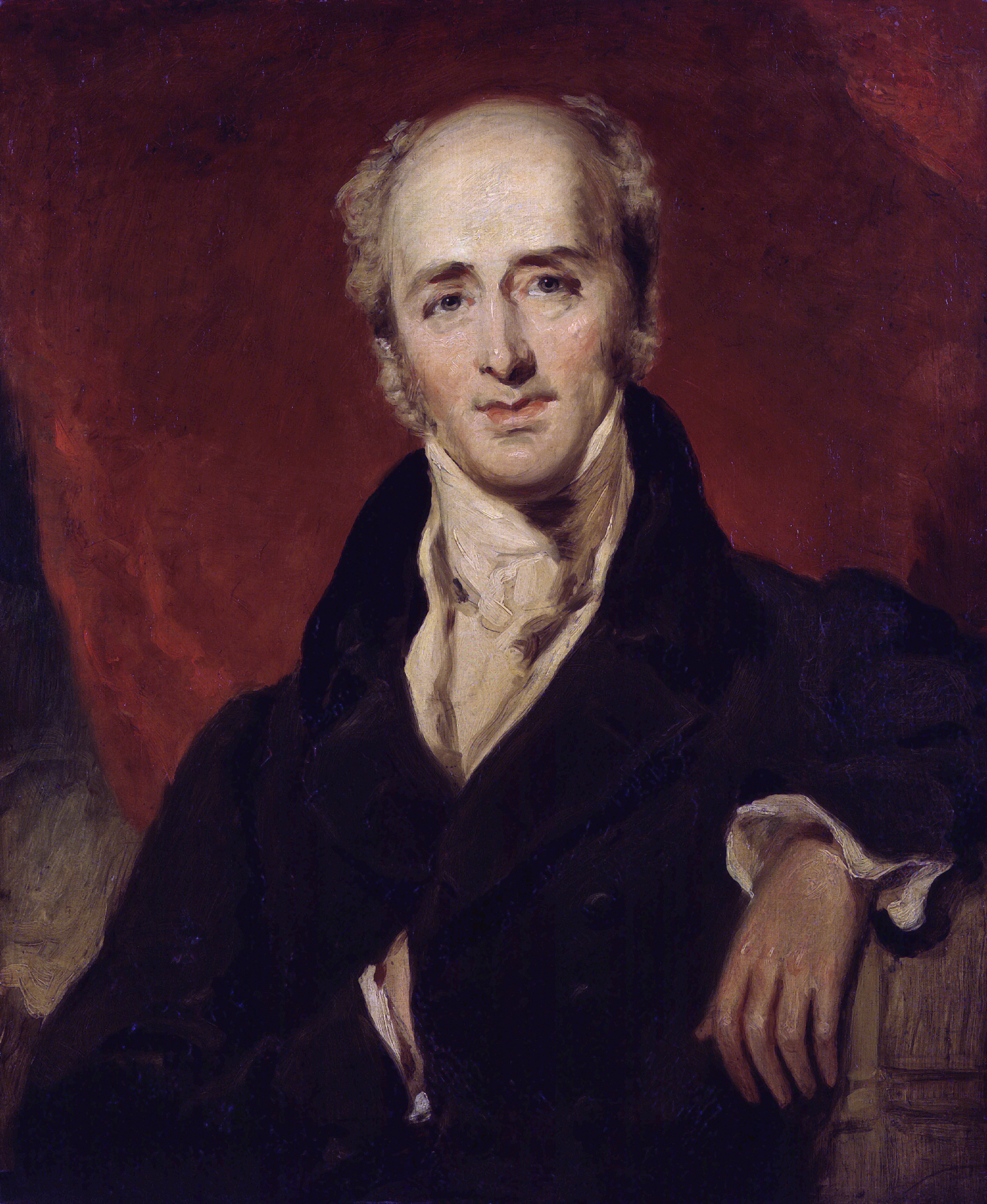 Oil painting of a balding white man in a dark jacket.
